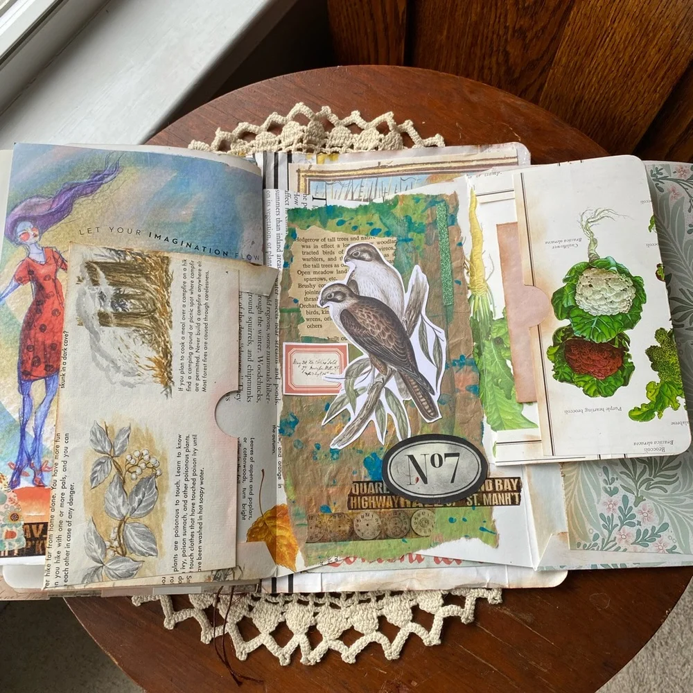 NWT Vintage Hand Crafted Mixed Media Lady & Birds Art in Green and Brown